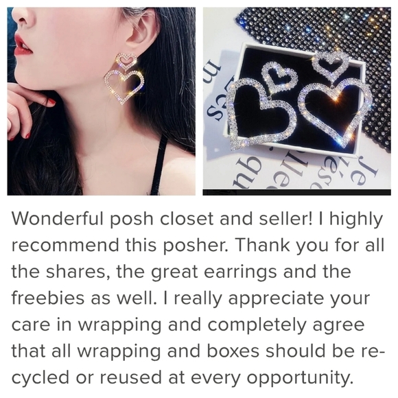 Silver Tone Double Heart Drop Earrings Pave Setting - Picture 3 of 13